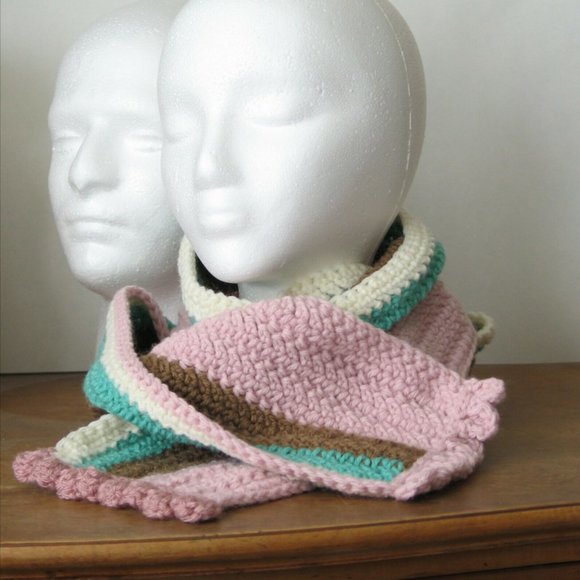 Long Striped Scarf pink/brown/cream/aqua - Picture 2 of 12